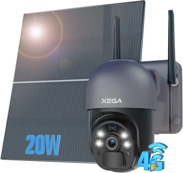 Xega 4G Camera with SIM Solar Panel 20000mAh Battery 24/7 Recording 2K Wireless Color Night Vision PIR Motion Detection IP66