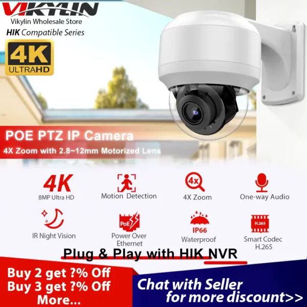 Vikylin 4K 8MP 4X Zoom IR Night Vision Dome PTZ IP Camera Outdoor MD2.0 Security Camera 1-way Audio Home Surveillance Cam IP66