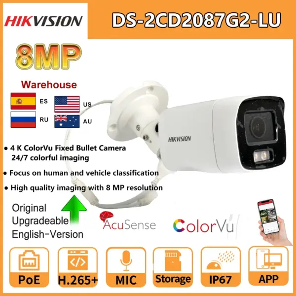 HIKVISION 8MP IP Camera DS-2CD2087G2-LU 4K ColorVu Bullet 24/7 Colorful Imaging Full Color PoE Built-in MIC Video Surveillance