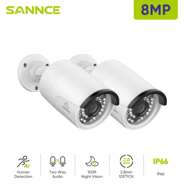 SANNCE 2PCS Ultra HD 2MP/5MP/8MP POE Camera OutdoorWeatherproof Security Network Bullet EXIR Night Vision Email Alert Camera Kit