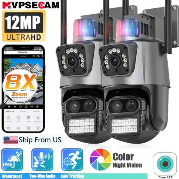 12MP WiFi Camera Outdoor 8X Zoom Security Camera 4K Video Surveillance Three Lens Dual Screen PTZ ICsee WIFI NVR Security CCTV