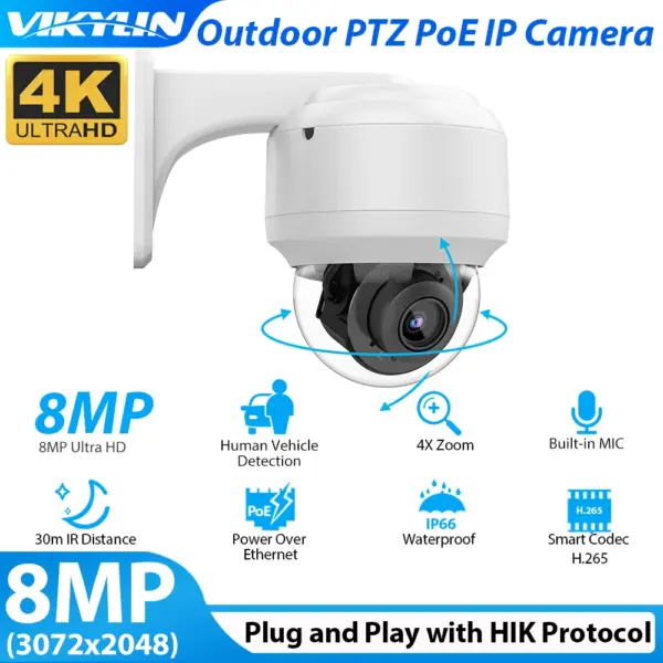 Vikylin PTZ 8MP 4K Security IP Camera Outdoor POE 4X Optical Zoom Speed Dome Cam Hik Compatible IK10 Human Vehicle Detect MIC