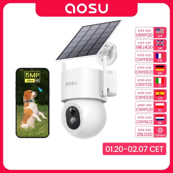 AOSU 9200mAh 5MP PTZ Solar Cameras Wireless Outdoor AI Detection Wifi Security Camera Color Night Vision 2-Way Audio CCTV Camera