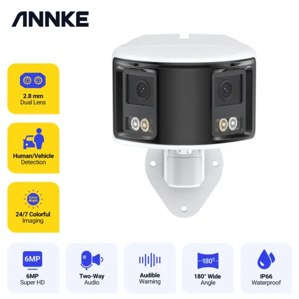 ANNKE 6MP DUO POE Dual Lens 180° Wide View Outdoor Video Camera,6MP AI Human Detect,6MP Security Camera 2 Way Audio CCTV Camera