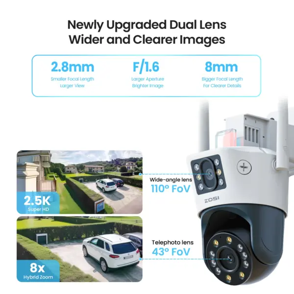 ZOSI C298 Max 4K Dual-Lens(2x4MP) WiFi PTZ Security Camera Outdoor Ultra-Wide Angle 8X Hybrid Zoom Face/Car Detect 8MP IP Cam - Image 4