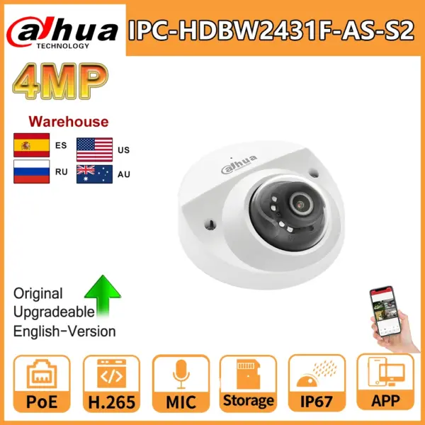 Dahua 4MP IP Camera IPC-HDBW2431F-AS-S2 4MP PoE IR Alarm In/Out Build-in Mic SD Card Slot Starlight CCTV Security IP67