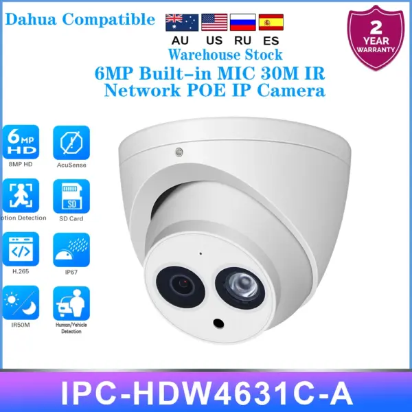 OEM Dahua 6MP IP Camera IPC-HDW4631C-A CCTV Security Surveillance Camera IR50M PoE Built-in Mic Security Protection DMSS Metal