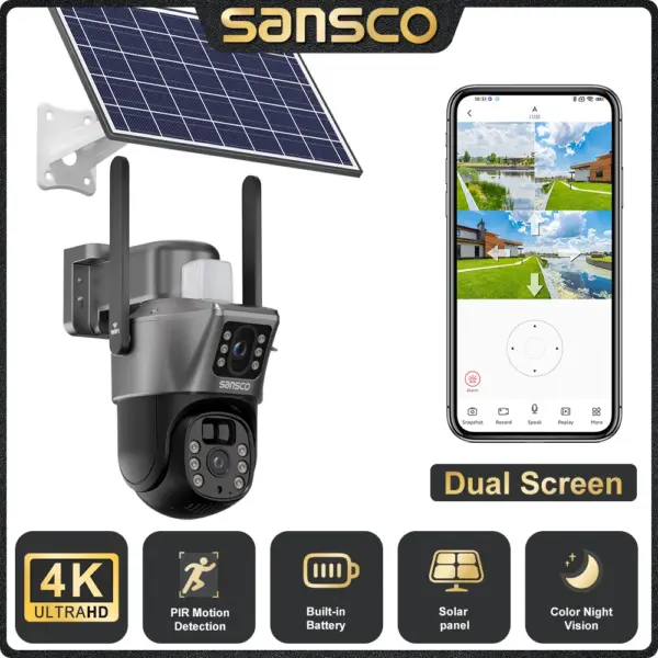 SANSCO 4K 8MP Dual Lens WIFI Solar Camera Dual Screen Battery PIR Motion Detection Outdoor 4MP PTZ Security Camera Eseecloud