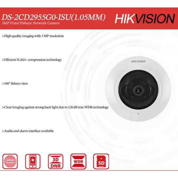 Hikvision Original DS-2CD2955G0-ISU 1.05mm 5 MP IR POE Fixed 180° Fisheye Security Network Camera Built in MIC SD Slot Alarm I/O - Image 5