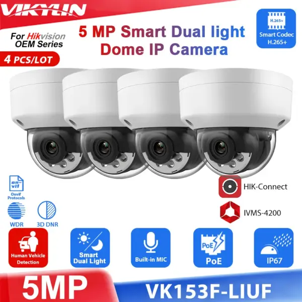 Vikylin Hikvision OEM 5MP Dual Light Source Color Night Vision Dome IP Camera with MIC MD2.0 Outdoor Security Video Surveillance