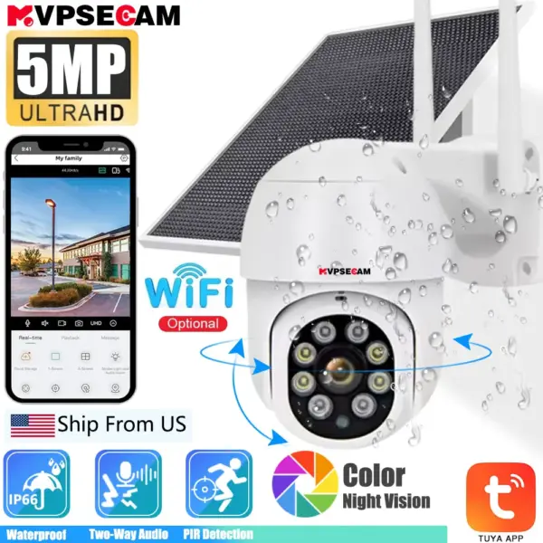 Tuya Wifi Solar IP PTZ Camera Outdoor 5MP Waterproof Battery Powered CCTV Surveillance Security Camera Wireless Two Way Audio