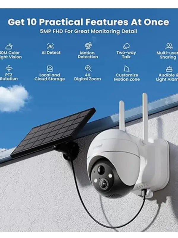 ieGeek 5MP Security Cameras Wireless Outside, Solar Camera Outdoor Wireless WiFi 360° PTZ Battery Powered with Spotlight & Siren - Image 2