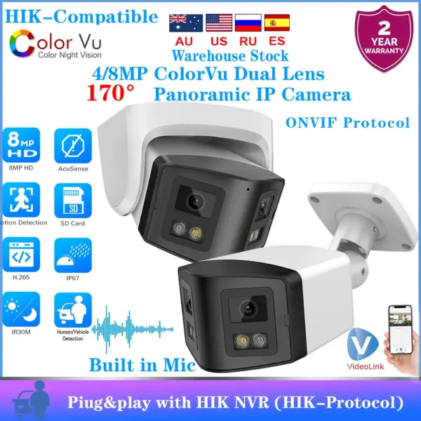 Hikvision Compatible 4/8MP Dual-Lens Security Camera 180° Ultra Wide Panoramic IR&ColorVu 2-way Audio Onvif Surveillance Camera