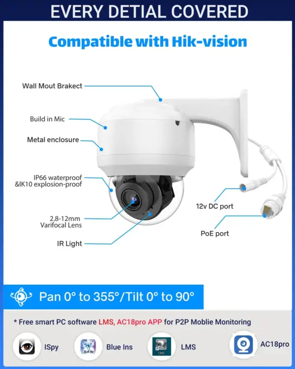 Vikylin PTZ 8MP 4K Security IP Camera Outdoor POE 4X Optical Zoom Speed Dome Cam Hik Compatible IK10 Human Vehicle Detect MIC - Image 6